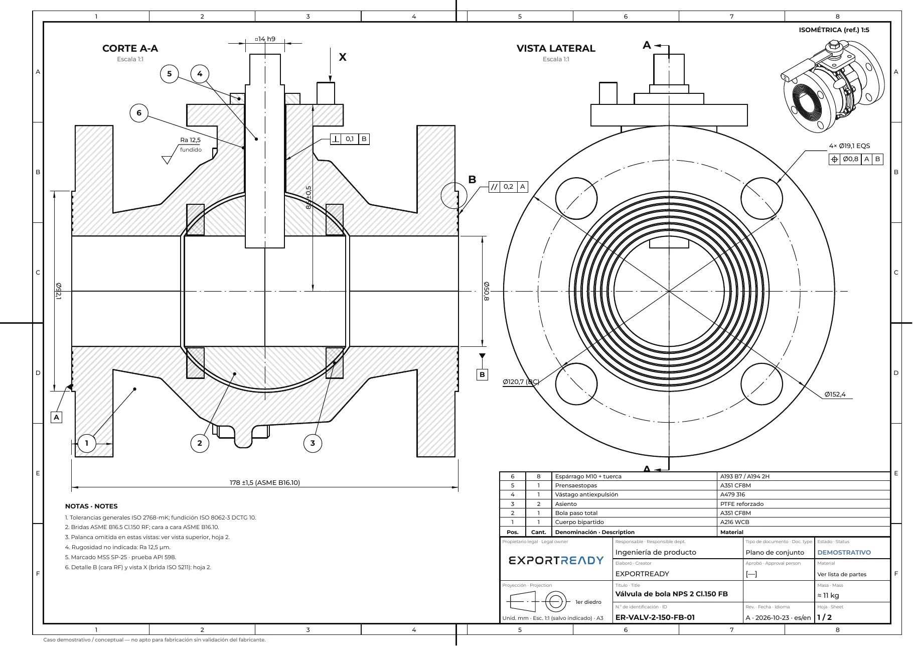 Plano técnico 2D acotado de la válvula