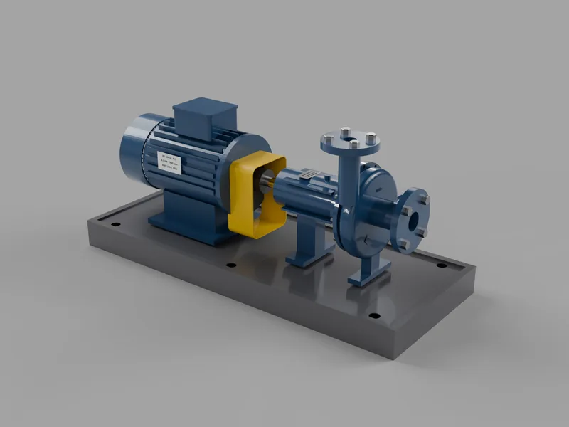 Render de bomba centrífuga con motor eléctrico azul sobre bancada de acero