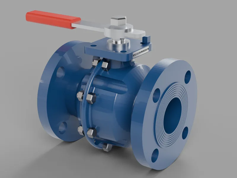 Render fotorrealista de válvula de bola bridada azul con palanca roja